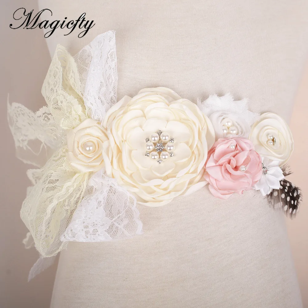 Ivory tulle Flower Sash Belt Bridesmaid Accessory Photo Prop Baby girl birthda lace Flower Belt Bridal Wedding Accessories 16pcs