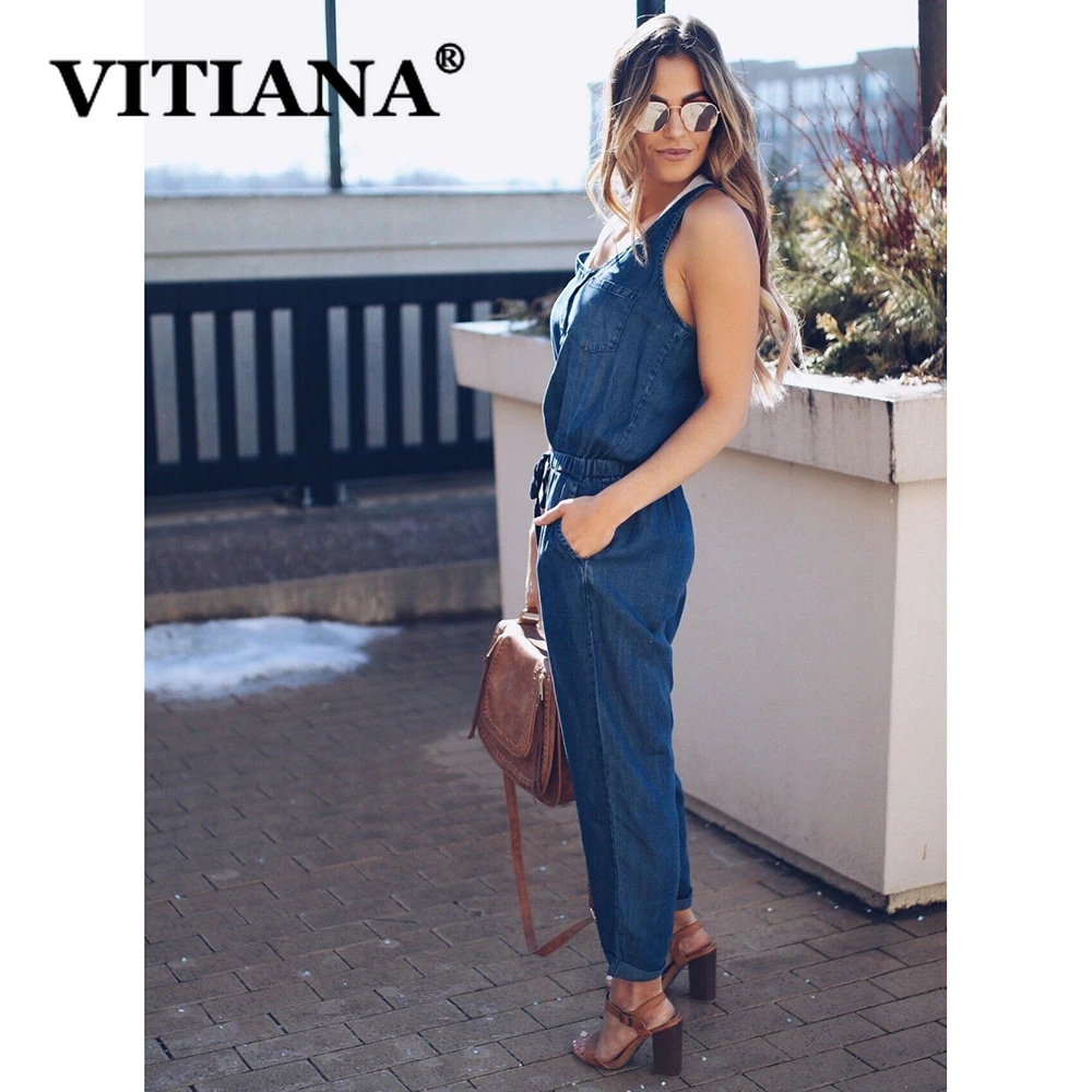 Женский джинсовый комбинезон VITIANA элегантный однотонный без рукавов уличная
