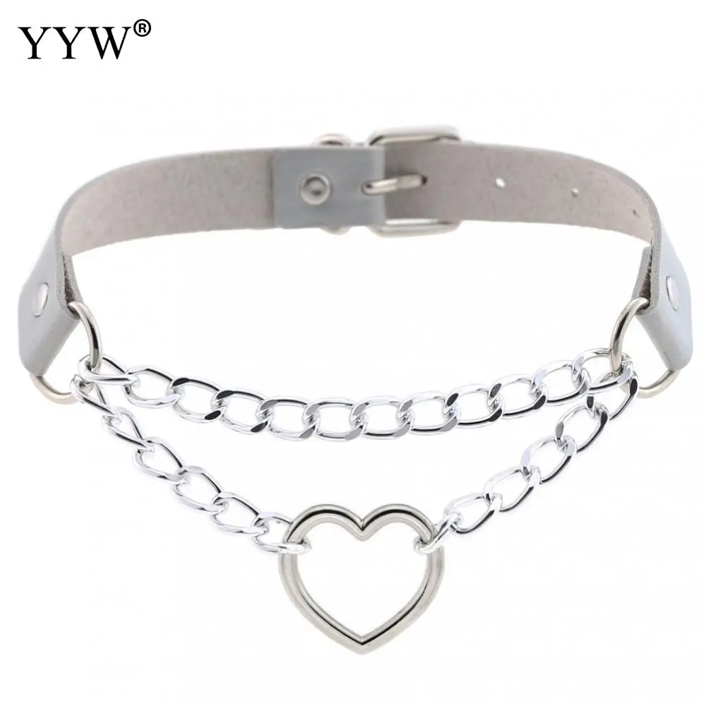 light grey YYW готическое сердце чокер, ошейник, воротник в стиле Харадзюку в стиле панк колье Для женщин девочек чокер из искусственной кожи эмо Kawaii ювелирные изделия с изображением ведьмы Мода - Окраска металла: light grey