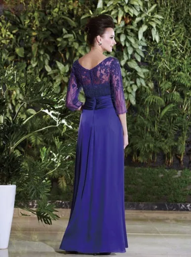 Sexy Pant Suits See Through V Neck Purple Long Chiffon Mother Of The Bride Lace Dresses with Sleeves 2015 New Arrival HM180 | Свадьбы и