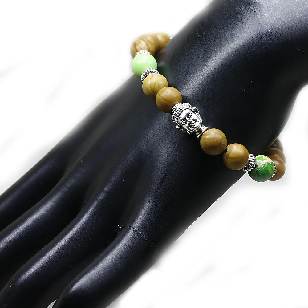 Mala браслет для йоги чакра зеленый морской осадочный с древесным камнем Йога