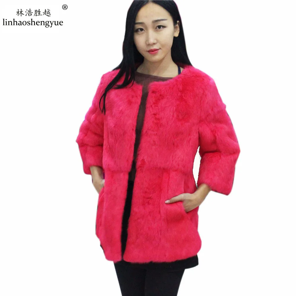 Linhaoshengyue 70cm Real Natural Rabbit Fur  Lady Coat