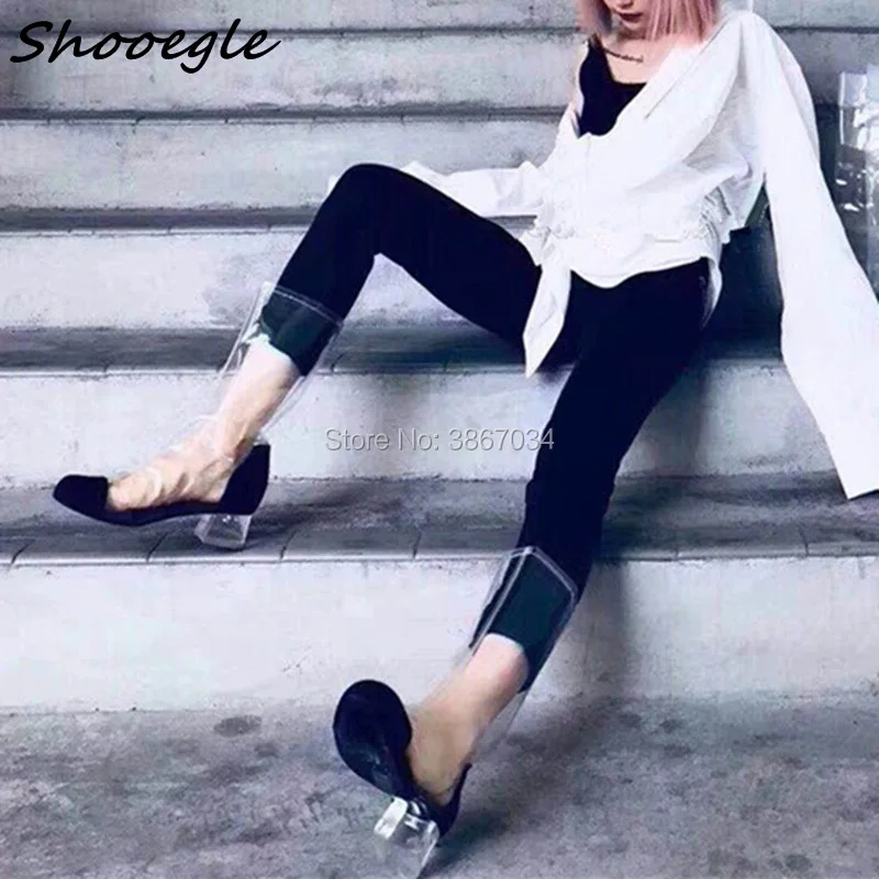 SHOOEGLE 2018 модные сапоги в пластиковом пакете на массивном каблуке до колена