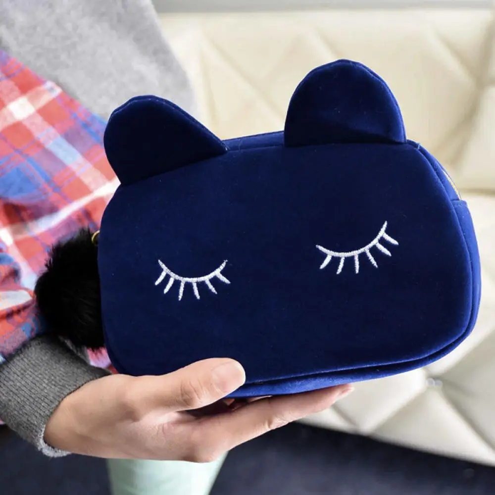 blue Чехол для хранения монет с рисунком кота из мультфильма, фланелевый чехол для макияжа, косметичка, чехол s для женщин и девочек, переносной косметический Чехол - Цвет: blue