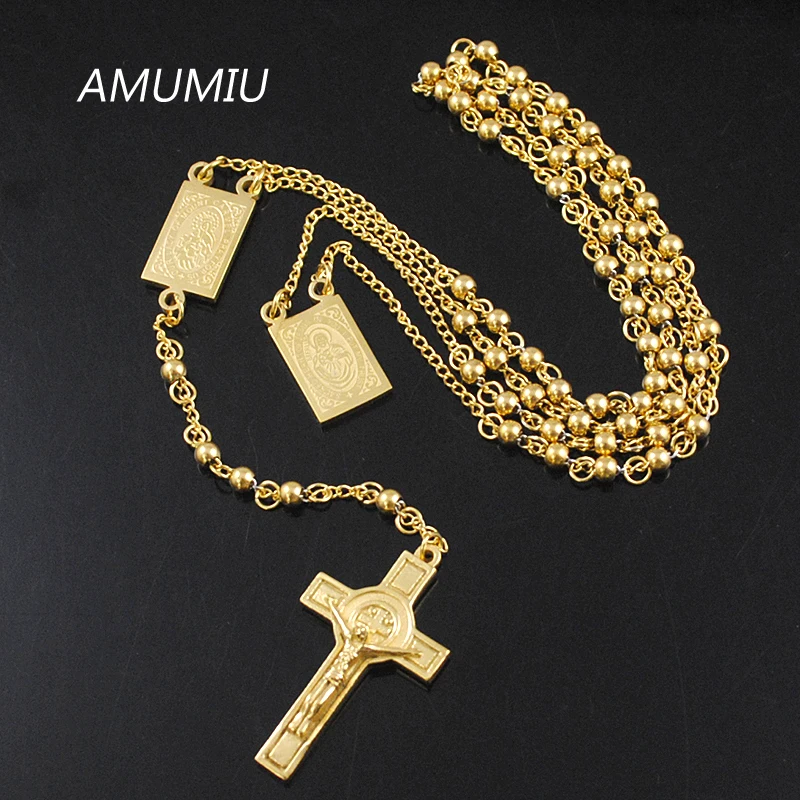 AMUMIU Мужская цепочка из нержавеющей стали 4 мм золото/серебро Розария крест Иисуса