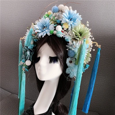 C blue tiara 7 видов конструкций Bobbles queen тиара с кистями преувеличивать Личности шоу на сцене модель Тиара для волос тематическая фотография Пекинская оперная шляпа - Цвет: C blue tiara