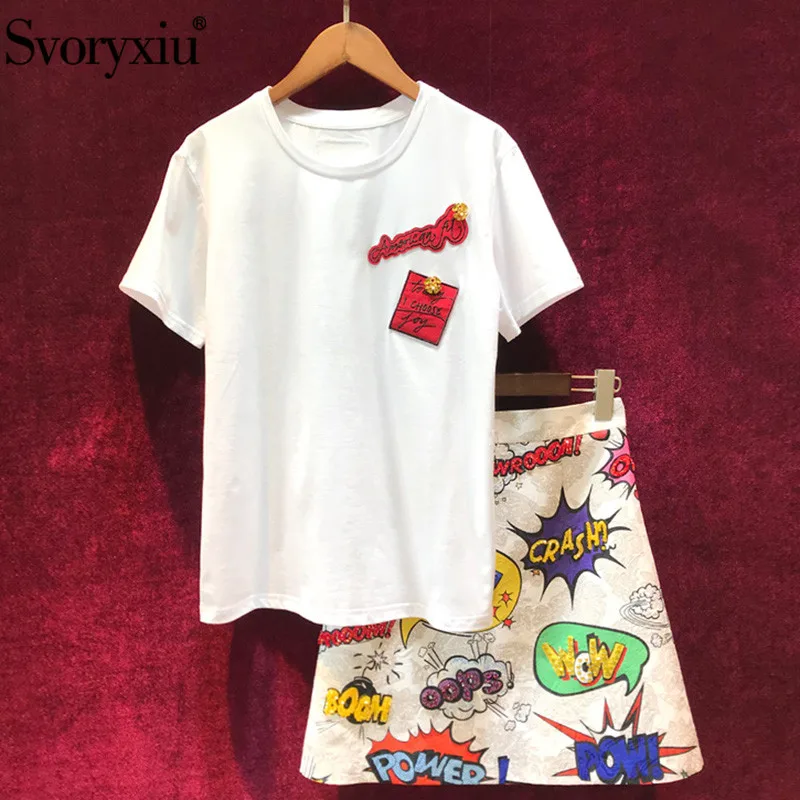 Женский хлопковый костюм с юбкой Svoryxiu, белый костюм из двух предметов: футболка с короткими рукавами и трапециевидная юбка с надписями, расшитая бисером, на лето