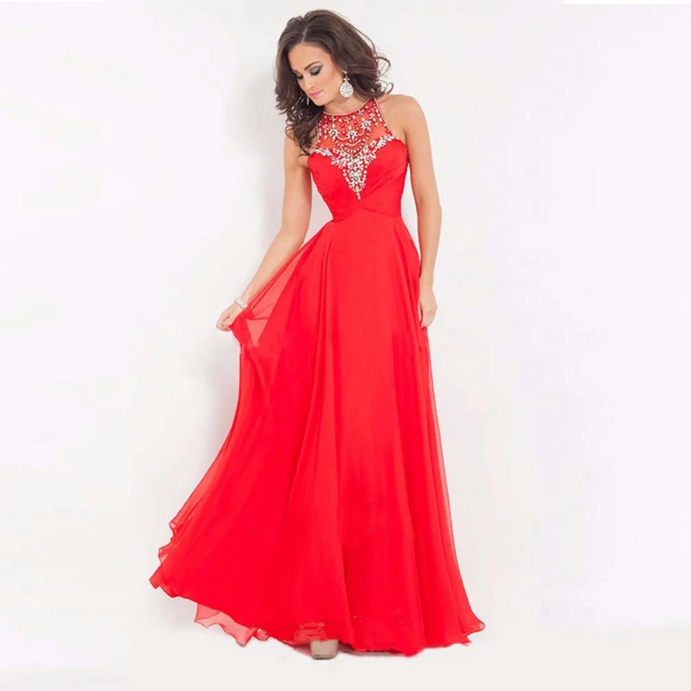 

2017 Crystal Beaded Red Long Evening Dress High Neck Cap Sleeve Formal Gowns Chiffon A-Line Evening Dresses LY-22