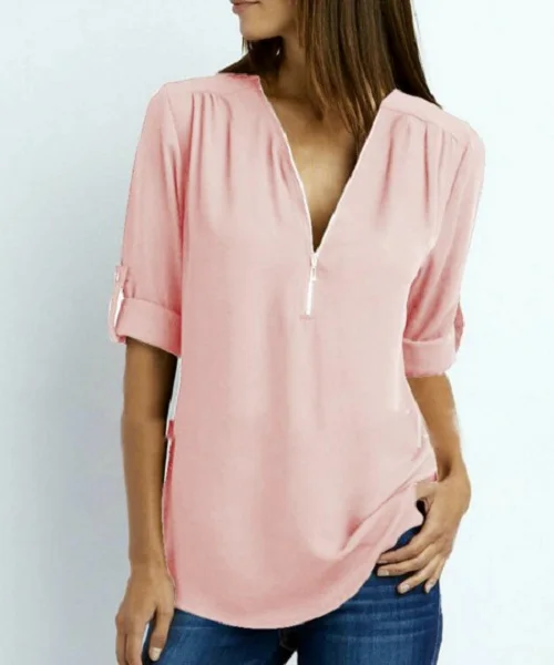 

women summer new fashion v-neck zipper large size long-sleeved sleeves loose chiffon shirt multi colors S-5XL