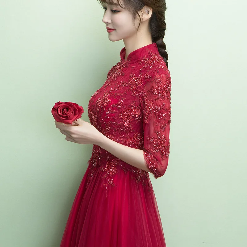 Bridesmaid Girls Wine Red Princess Prom Dress Elegant Women Wedding Qipao Retro Dressing Gown Chinese Tradition Evening Dresses |