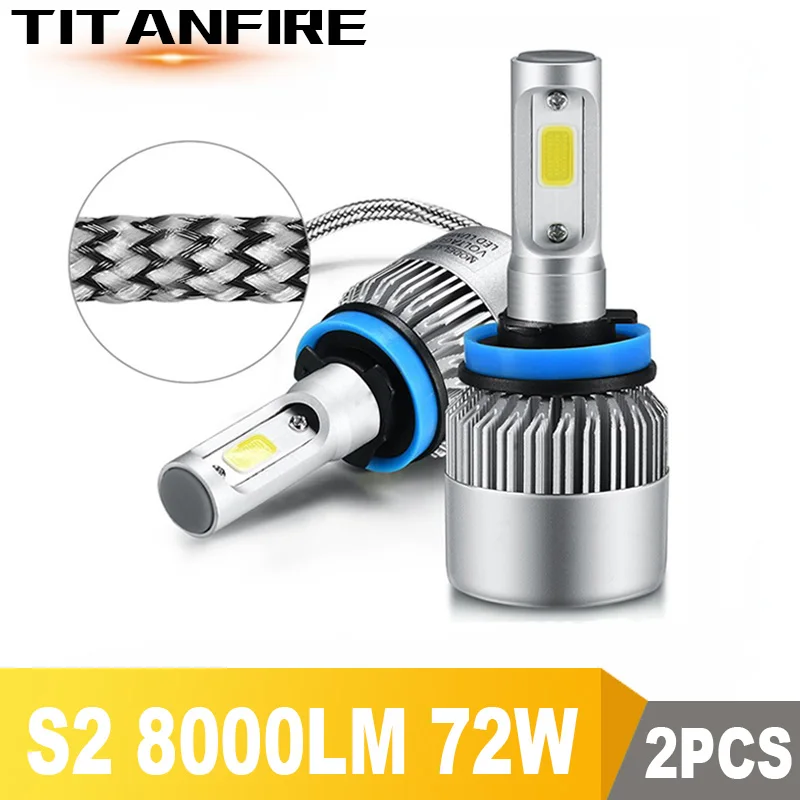 

TF30 2pcs S2 LED Headlights Bulbs Conversion Kit Lights 72W 8000LM H1 H3 H4 H7 H8 H11 HB3 HB4 Auto COB Car Headlight 6500K