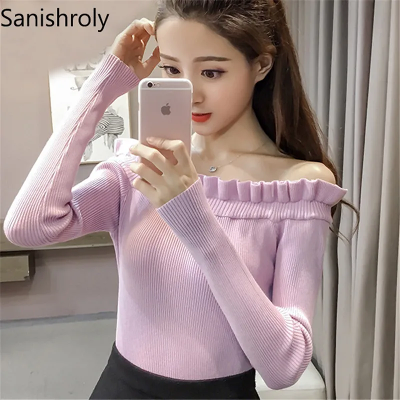 Sanishroly 2018 Autumn Slash Neck Knitted Sweaters Pullovers Women Solid Long Sleeve Sweater Ladies Bottoming Knitwear Tops S184 | Женская