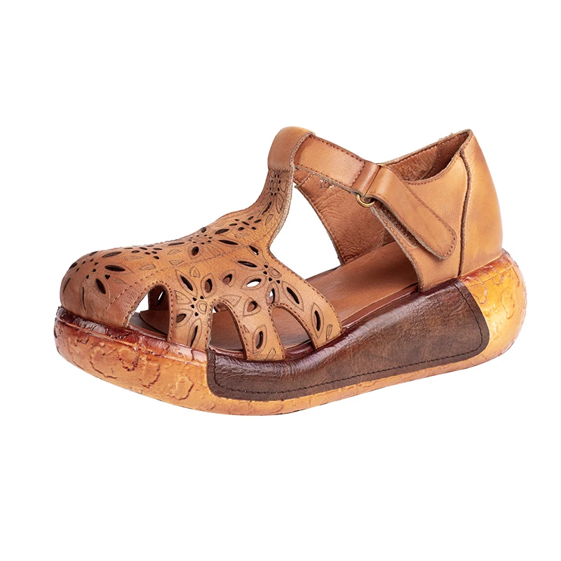 Первый слой кожи сандалии Ретро Повседневная клиновидная кожа женская обувь