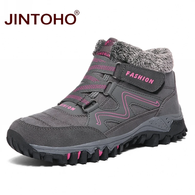 women gray JINTOHO/Высококачественная теплая зимняя обувь; модные зимние ботинки; брендовые резиновые ботильоны для мужчин; повседневные зимние ботинки; мужские ботинки - Цвет: women gray