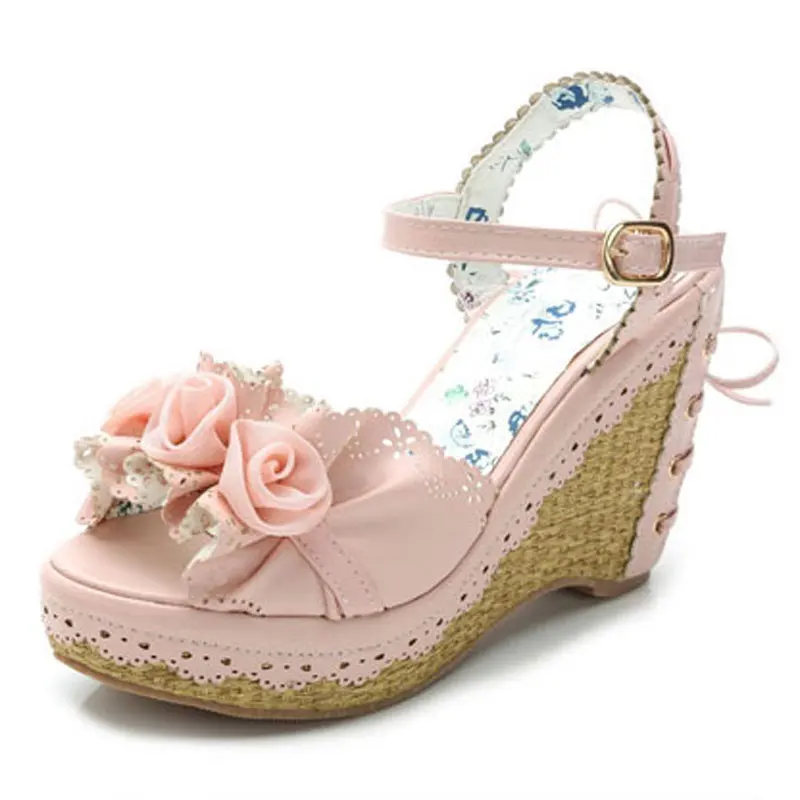 Сладкий розовый/белый лук и цветами сандалии на танкетке платформе платье