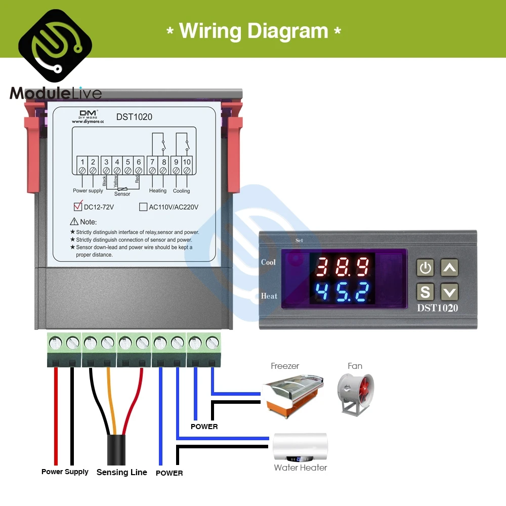 DST1020 AC 110-220V DC 12 V-72 V Цифровой терморегулятор DS18B20 датчик Водонепроницаемый заменить STC-1000