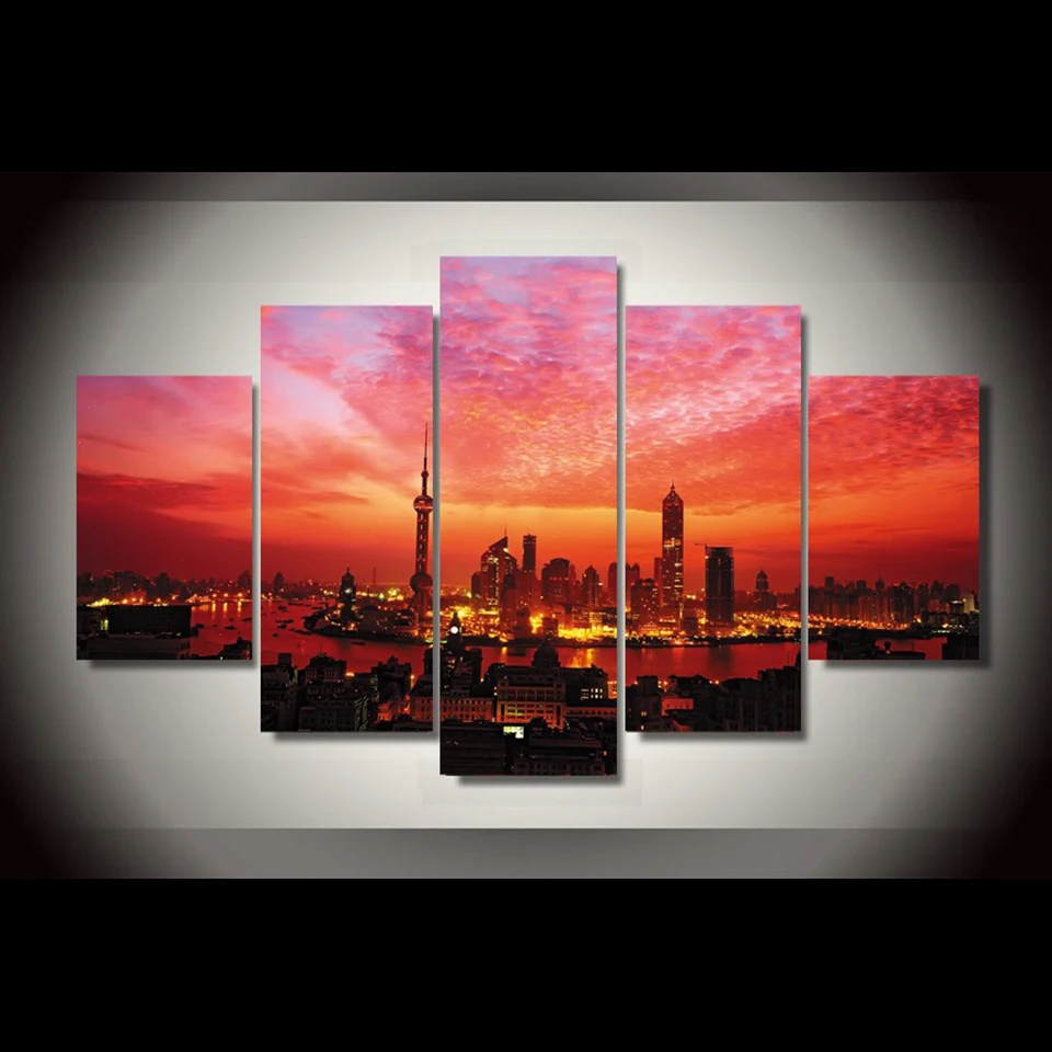 

Decoration Posters Modern Wall Art Pictures Frame 5 PiecePcs City Dusk Clouds Landscape Home Living Room HD Printed Painting