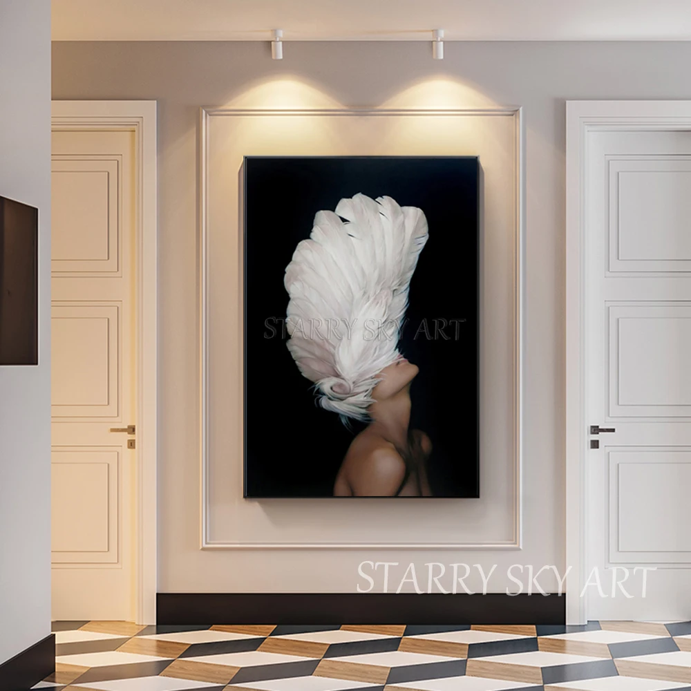 Professional Artist Hand-painted High Quality Lady with Feather Oil Painting on Canvas Modern Fine Art Figure | Дом и сад