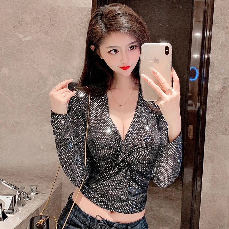 Сексуальный темперамент Женская одежда sequined crop top Футболки v-образным вырезом