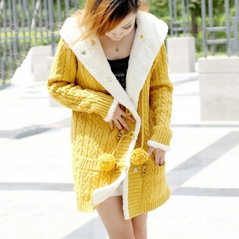 Yellow Новинка, зимний свитер, пальто для женщин, длинный рукав, однобортный, с капюшоном, кардиган, свитер для женщин, s, плюс, бархат, утолщенные, теплые, пальто F667 - Цвет: Yellow