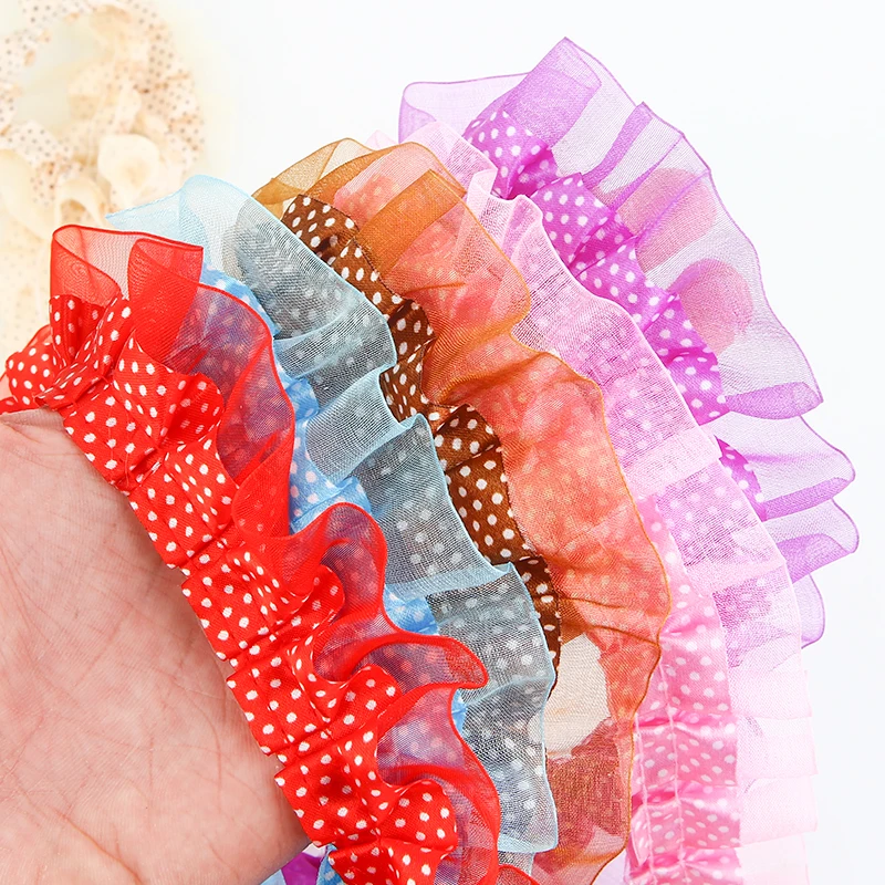 Плиссированные тюлевые кружевные ткани 4 см отделка синий фиолетовый горошек