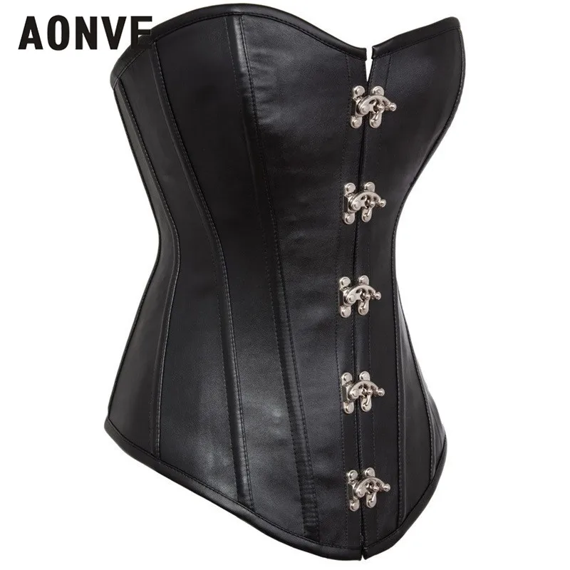 AONVE черный кожаный корсет одежда Готическая стимпанк Панк Стальная скоба Пряжка