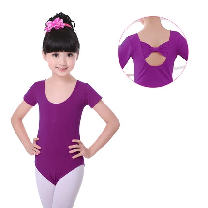 Purple Short Sleeve Новинка; с длинными/короткими рукавами; балетное трико для танцев для девочек; Детские милые костюмы с бантом на спине для гимнастики и танцев - Цвет: Purple Short Sleeve