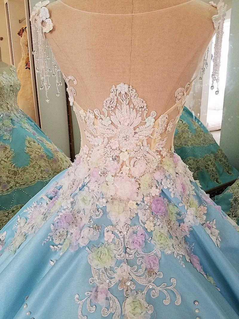 Gorgeous Appliques Chapel Train Arabic Blue Satin Wedding Dress Vestido Beaded Crystal Scoop Neck 2017 Bridal Gown Real Photos | Свадьбы и