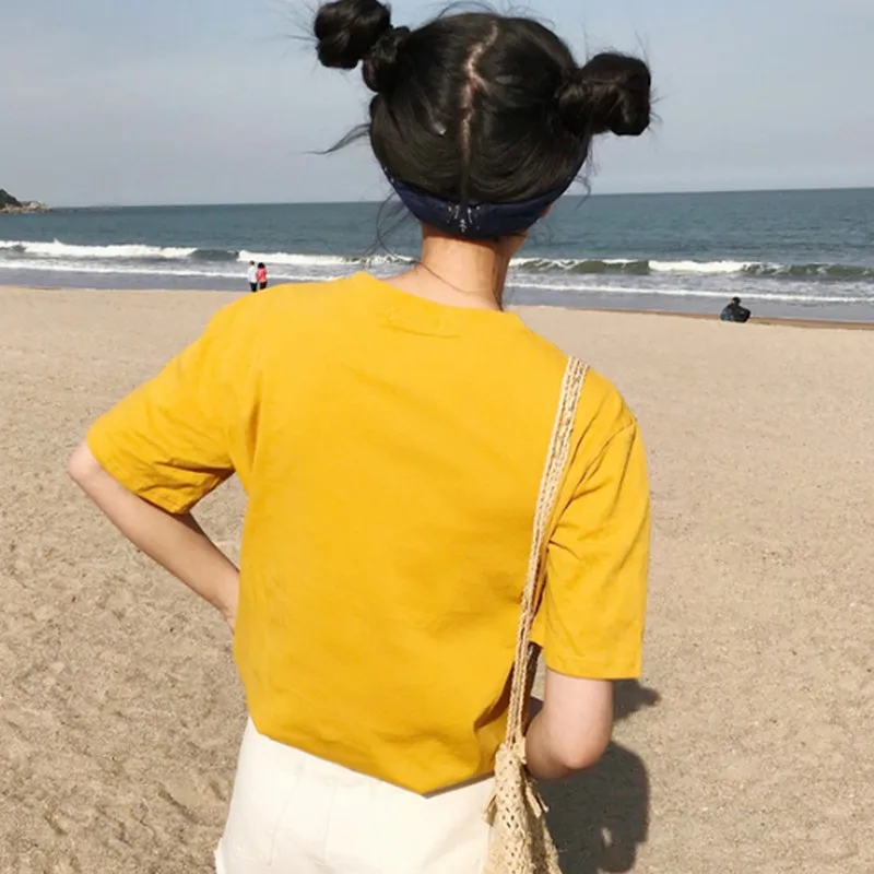 Женская футболка с вышитым персонажем из мультфильма Harajuku однотонная Корейская