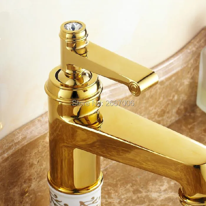 

Free shipping Good quality luxury soild brass gold finish bathroom faucet ceramic body single crystal handle water tap ZR470