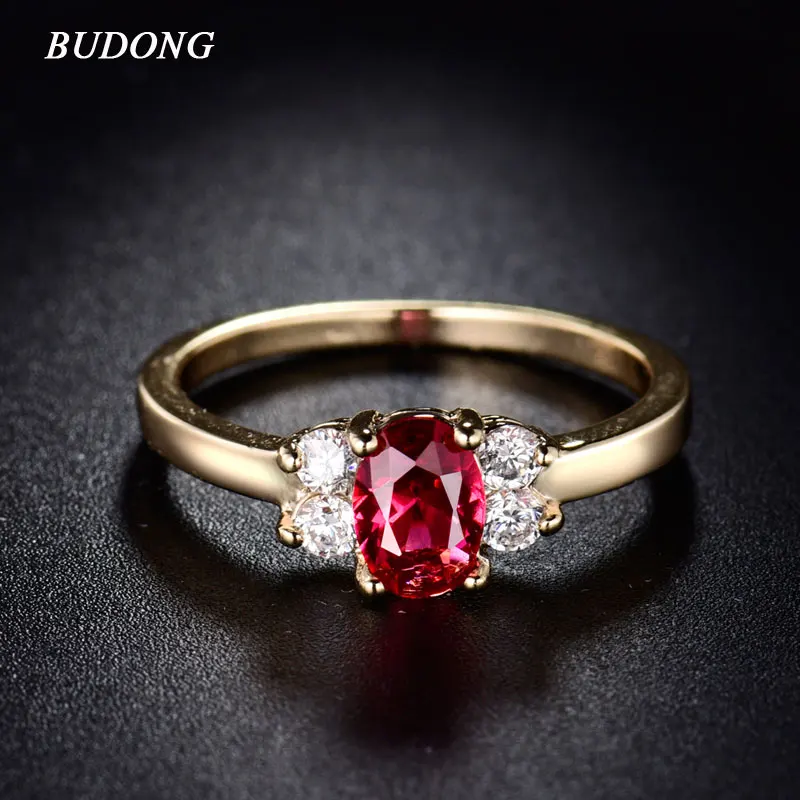 Женское кольцо на палец BUDONG розовое красное овальное с кристаллами золотого
