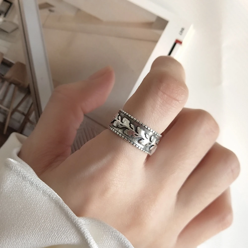 

925 Sterling Silver Vintage Retro Wide Black Punk Olive Leaf Plant Ring Hip Hop Style Party Jewelry University Students Ring