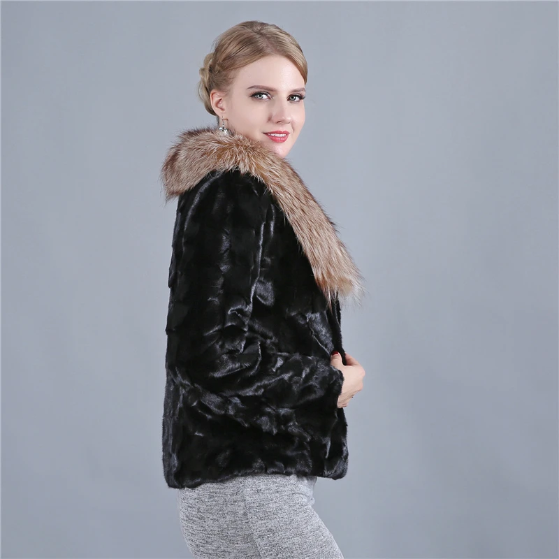 New Genuine Mink Fur Coat Real Red Fox Fur Collar Women Fashion Winter Warm Natural Mink Fur Coat Female Luxury Outwear Jacket