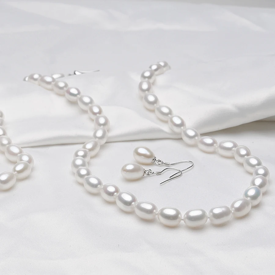 FEIGE браслет Femmes avec 7 8 мм Blanc D'eau Douce Perle Collier Ensemble et 925 En Argent Femelle|femelle| |