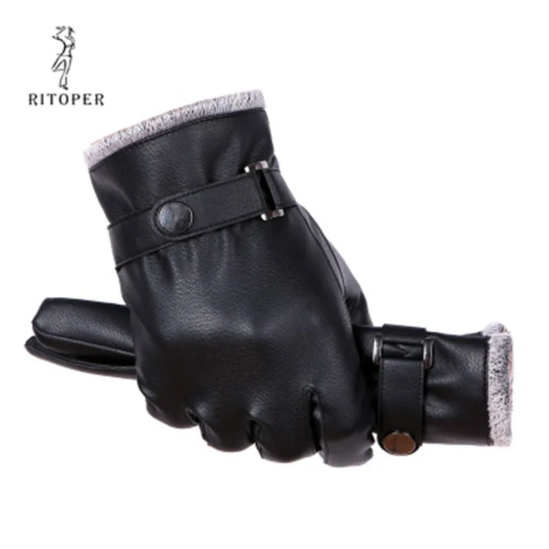 Мужские зимние кожаные перчатки RITOPER бархатные ветрозащитные и