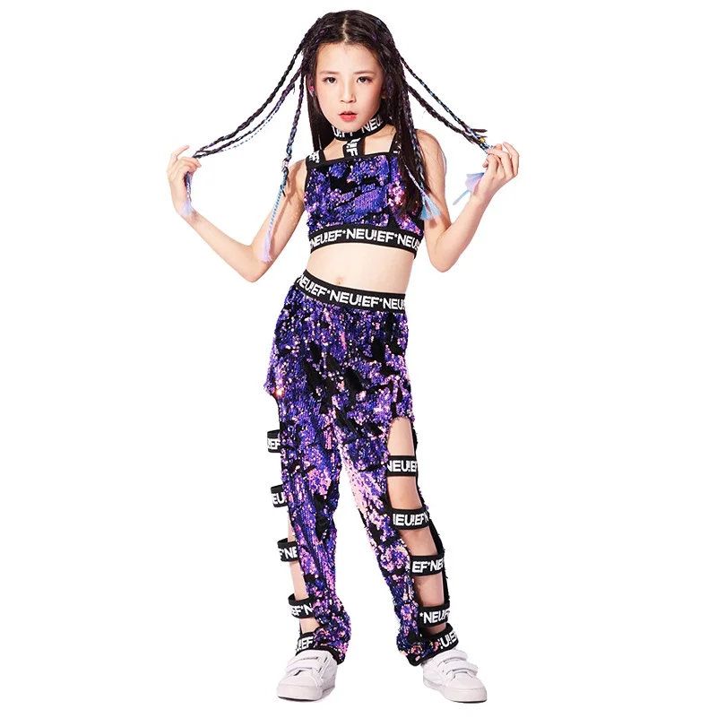 vest pants Танцевальный сценический костюм для девочек в стиле хип-хоп, джаз, уличные танцы, блестящие фиолетовые укороченные топы, штаны, наряды, Детская Одежда для танцев - Цвет: vest pants