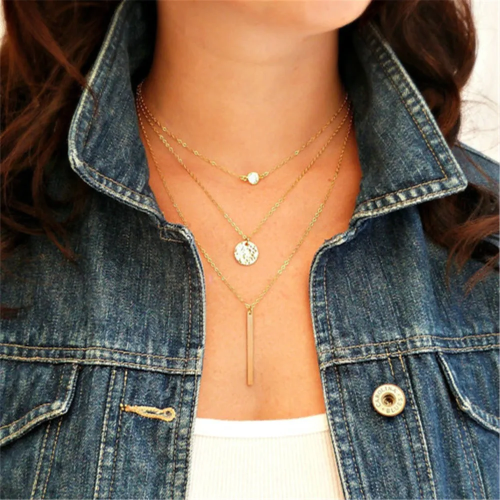 

Women Gold Layered Necklace Hammered Disc Long Bar Necklace CZ Crystal vertical bar Bridesmaid Boho Jewelry Femme Collares