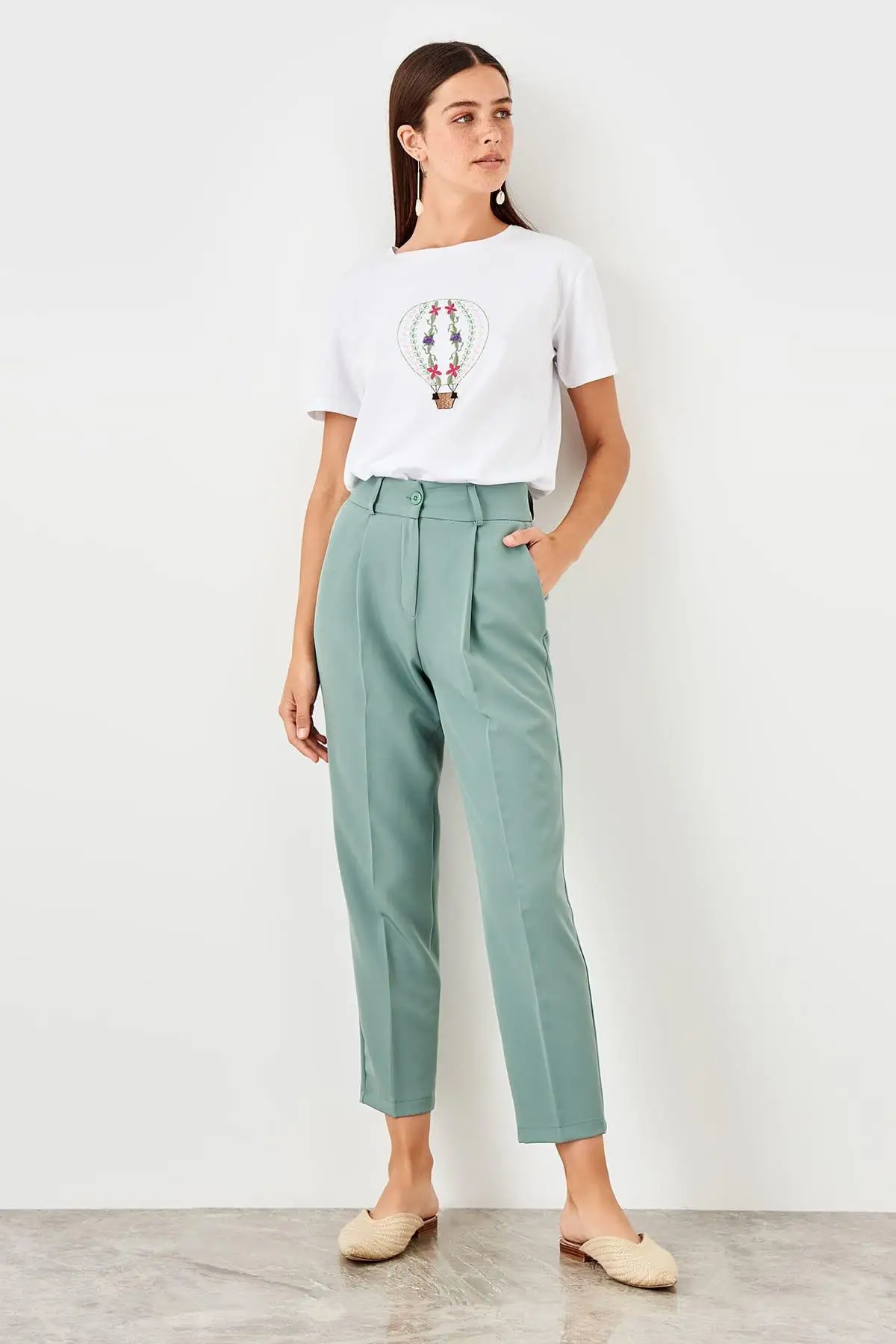 Trendyol мятный ремень Detaylu брюки TWOSS19XM0285