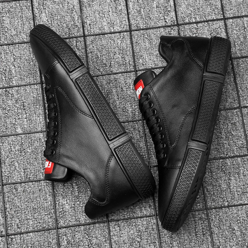 

Fashion Men's Vulcanized Shoes Casual Genuine Leather 2021New Lace Up Shoe Man Classics Black White Flats Shoes For Men Sneakers