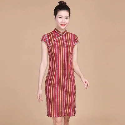 red stripe dress Sheng Coco женское китайское платье Ципао льняное стрейч Чонсам короткое эластичное элегантное платье в китайском стиле 5XL 4XL традиционное платье цвета C281 - Цвет: red stripe dress