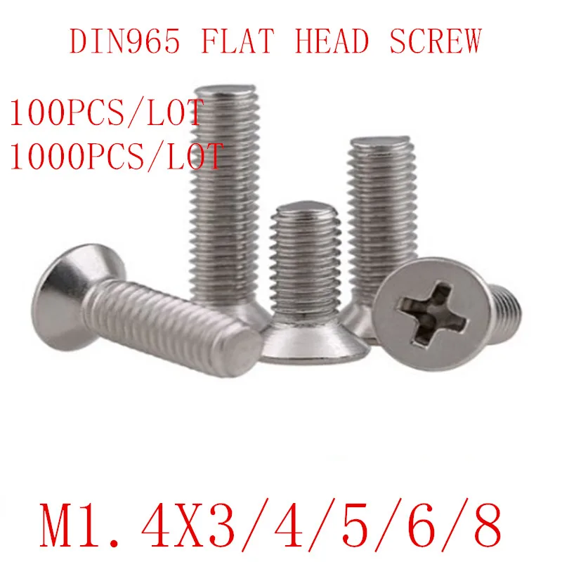 100 1000 шт. M1.4 * 3/4/5/6/8/10 DIN965 GB819 304 нержавеющая сталь плоская головка потайные винты