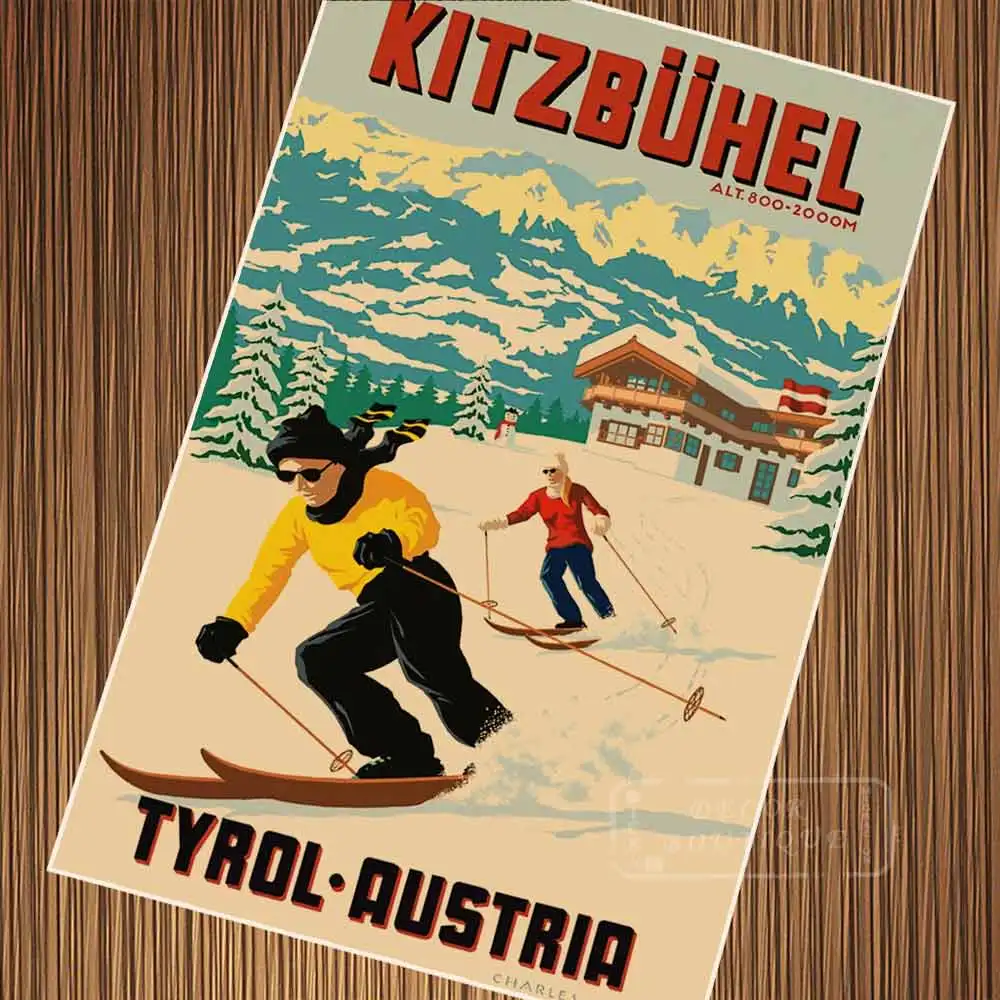 Зимние спортивные Альпы Kitzbuhel Австрия лыжи катание на лыжах Путешествия классический ретро-постер холст живопись DIY настенная бумага домашний Декор подарок - Цвет: Темно-серый