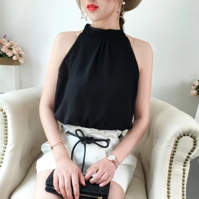 34714 solid black Neploe шифоновая блузка без рукавов рубашка с открытыми плечами в полоску/цветы/горошек/однотонные Топы летние женские модные элегантные блузы 34714 - Цвет: 34714 solid black