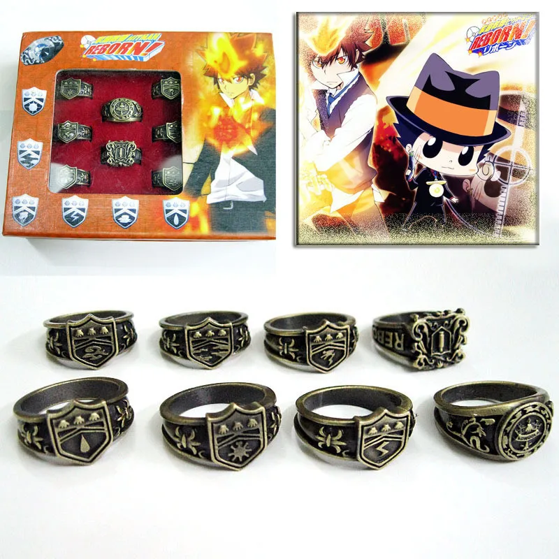 8 шт./компл. топ с рисунком из аниме Hitman Reborn Vongola кольца Винтаж металлический палец кольцо Косплэй Шарм ювелирные изделия в стиле унисекс с коробкой Коллекция подарков