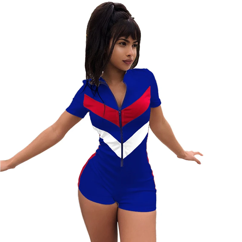 

Striped Printed Short Playsuits Women Slim Bodycon Jumpsuits And Rompers Nice Vogue White Fitness Playsuit Zipper Up Jumpsuit