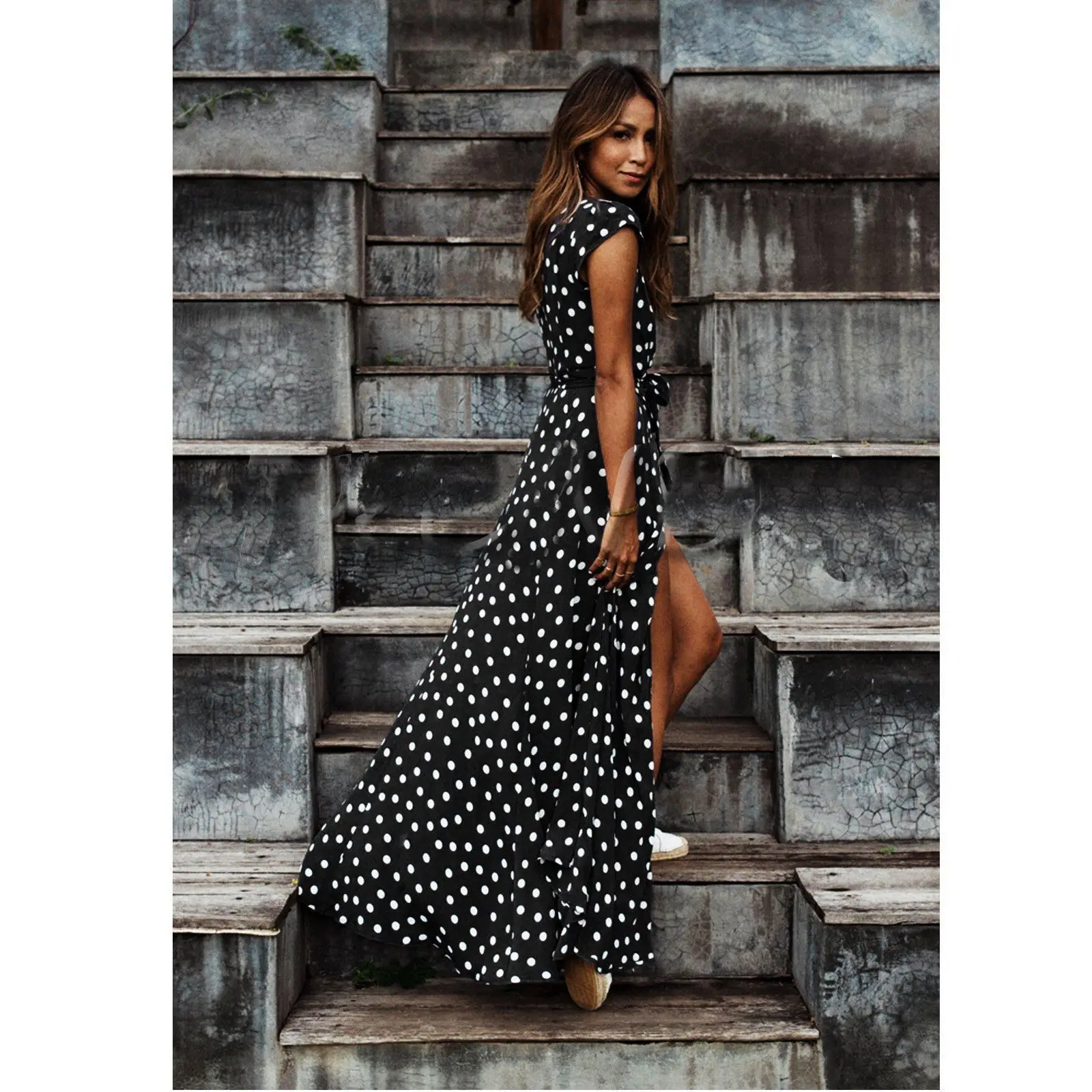 Boho горошек печати Длинные платья для женщин короткий рукав v образный вырез