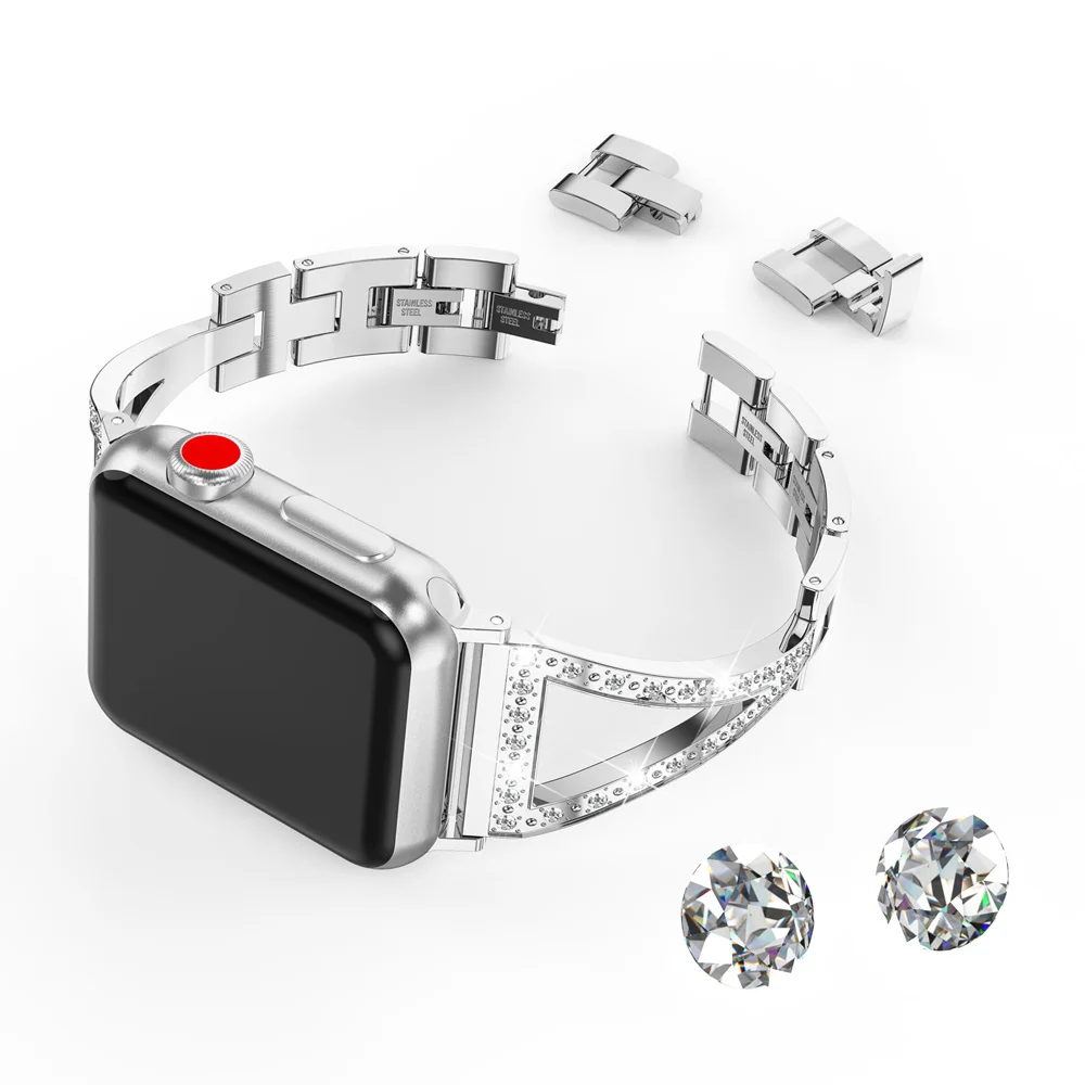 silver Ремешок из нержавеющей стали для Apple Watch Band 38 мм 42 мм iWatch ювелирные изделия из нержавеющей стали браслет со стразами роскошный ремешок для Apple - Цвет ремешка: silver