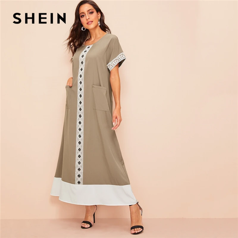 SHEIN Платье С Карманом И Кружевной Аппликацией, Стильное Платье С Коротким Рукавом