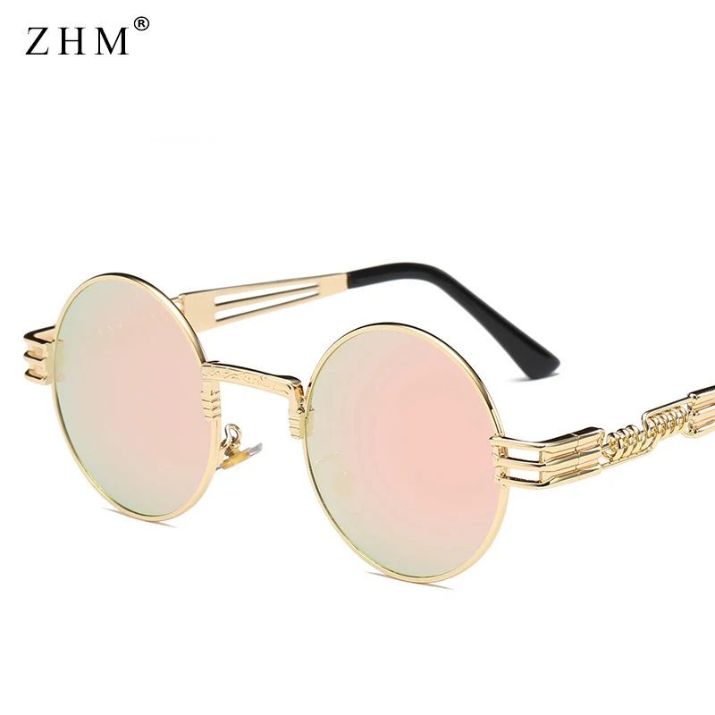 gold frame pink Классические круглые стимпанк Солнцезащитные очки для мужчин и женщин Модные металлические очки фирменный Дизайн Винтажные Солнцезащитные очки высокое качество UV400 очки - Цвет линз: gold frame pink