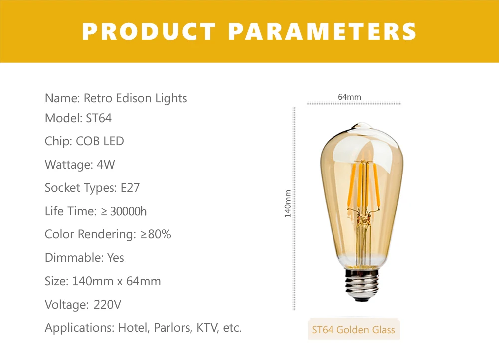 E27 Led ST64 4 Вт винтажные Диммируемые светодиодные лампы накаливания переменного тока 220 В 2200 к ретро лампы Bombillas Led E27 лампы для дома